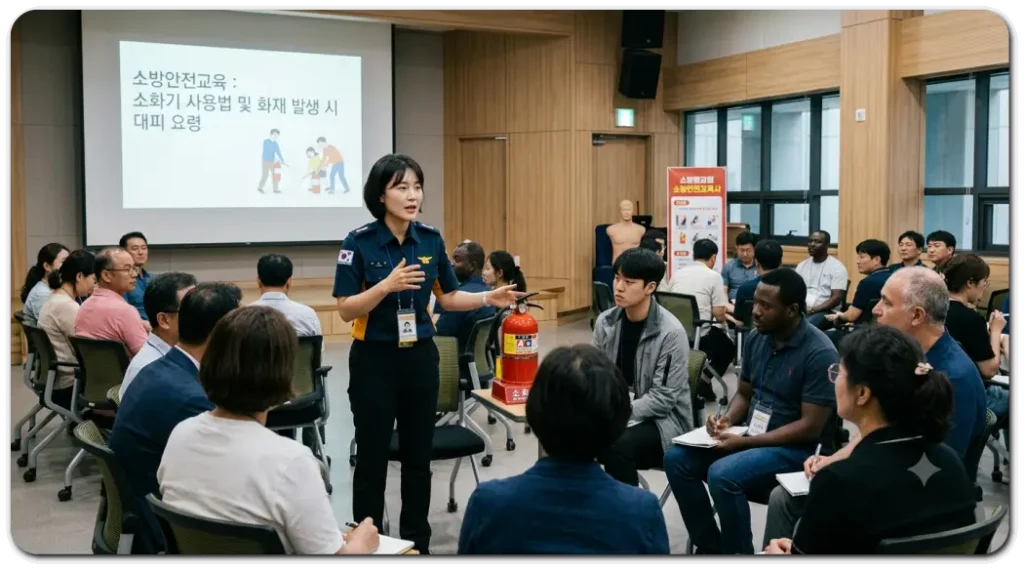 여성-소방안전사가-교육하고있다