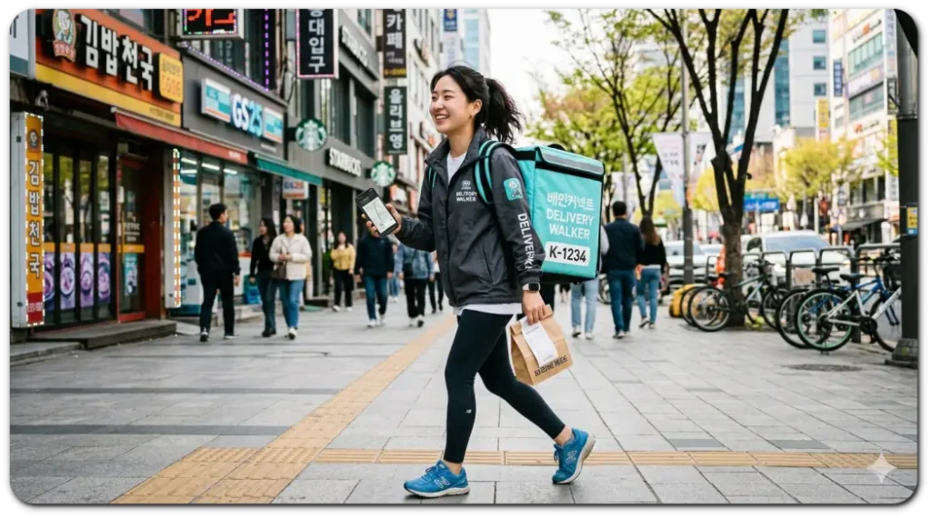 한 여성이 배민 커넥트 도보 아르바이트를 하고 있다.