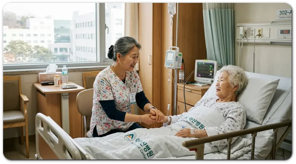 여성 간병인이 병실에서 환자를 돌봐주고 있다