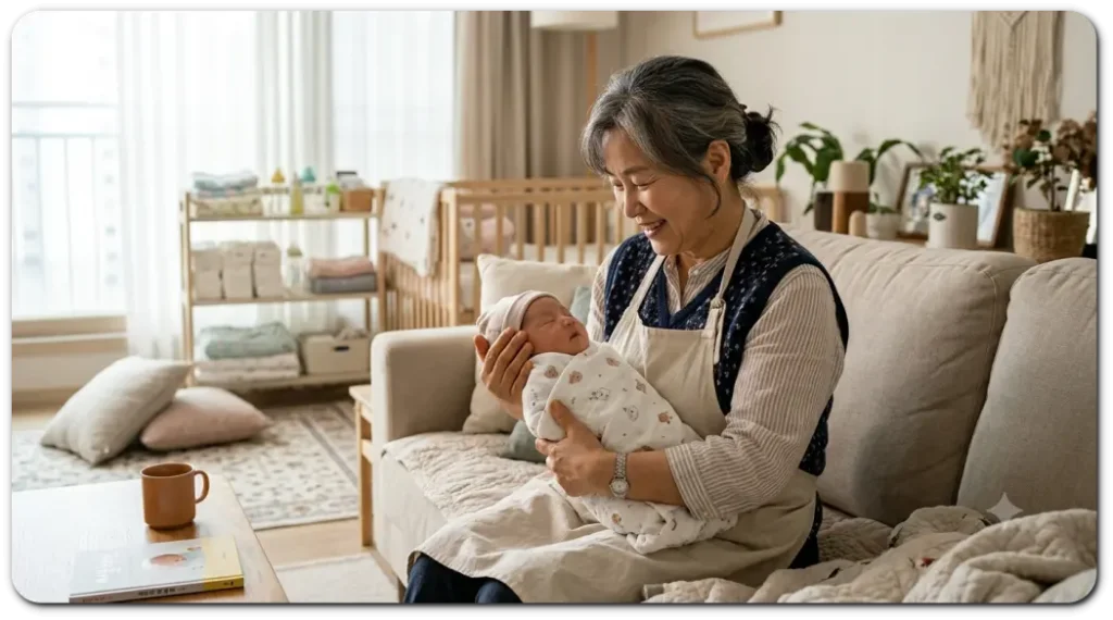 50대 여성 산후관리사가 신생아를 돌보고 있다