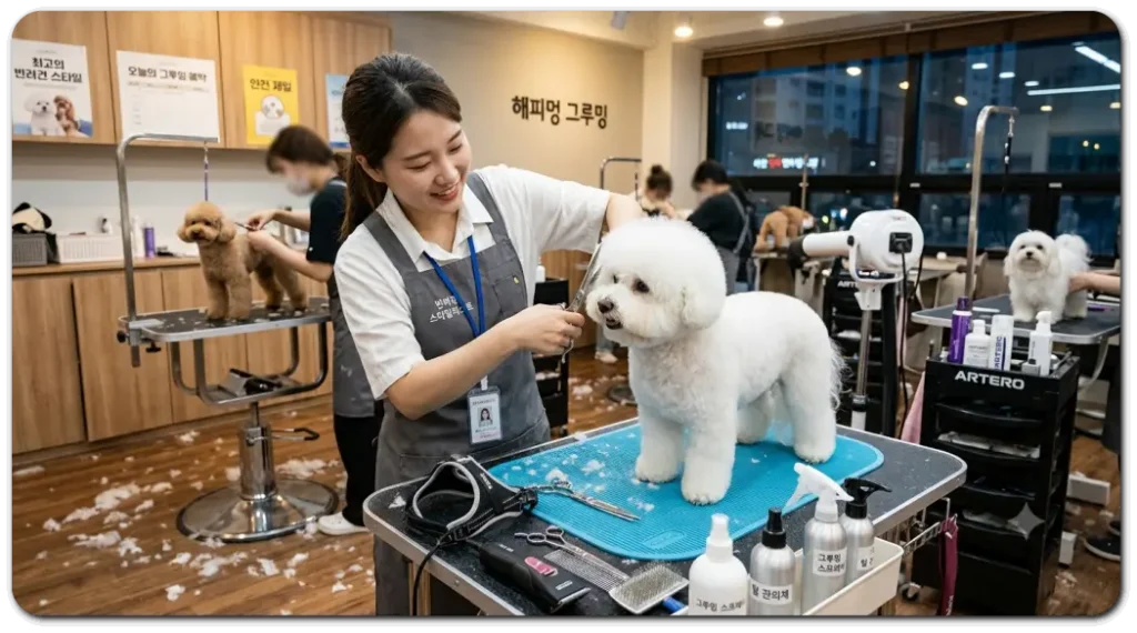 The dog stylist is taking care of the poodle's fur